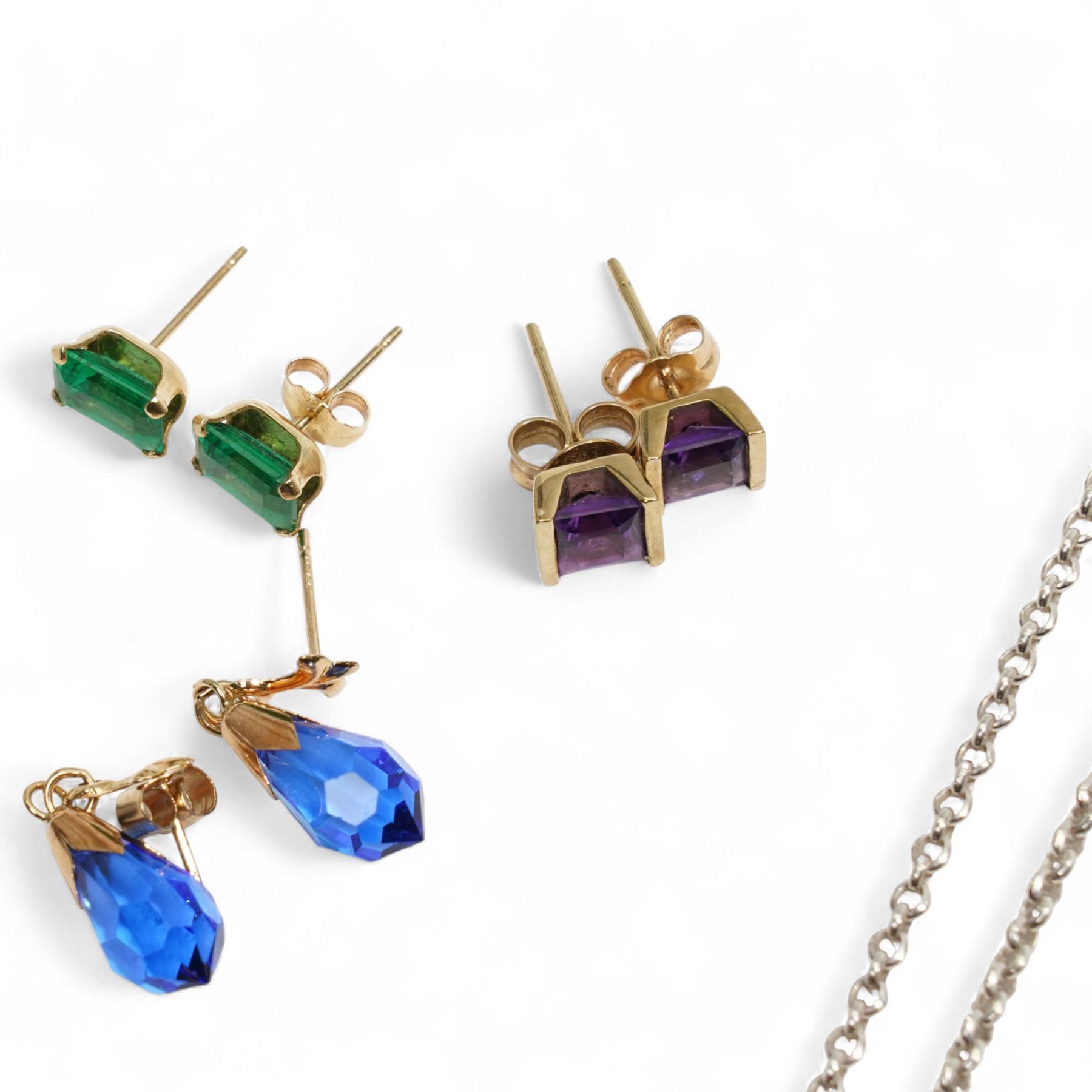 Three pairs of 9ct gold stone set stud earrings, collection of silver jewellery including eight necklaces, two stone set bracelets, earrings, a Kirks Folly brooch and other costume jewellery 