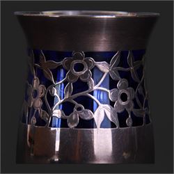 20th century Friedrich Spahr blue glass vase, decorated in silver overlay with a band of stylised flowers, marked Spahr 1000/10, H14cm  