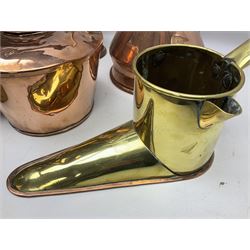 Large 19th century brass and copper bucket, with rivets, swing handle and removable zinc liner, together with Bright & Co Argand brass and copper oil lamp with cut clear glass reservoir, copper horn, flagon etc, bucket D33cm