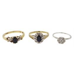 Two gold sapphire and diamond chip rings and a white gold diamond chip cluster ring, all 9ct