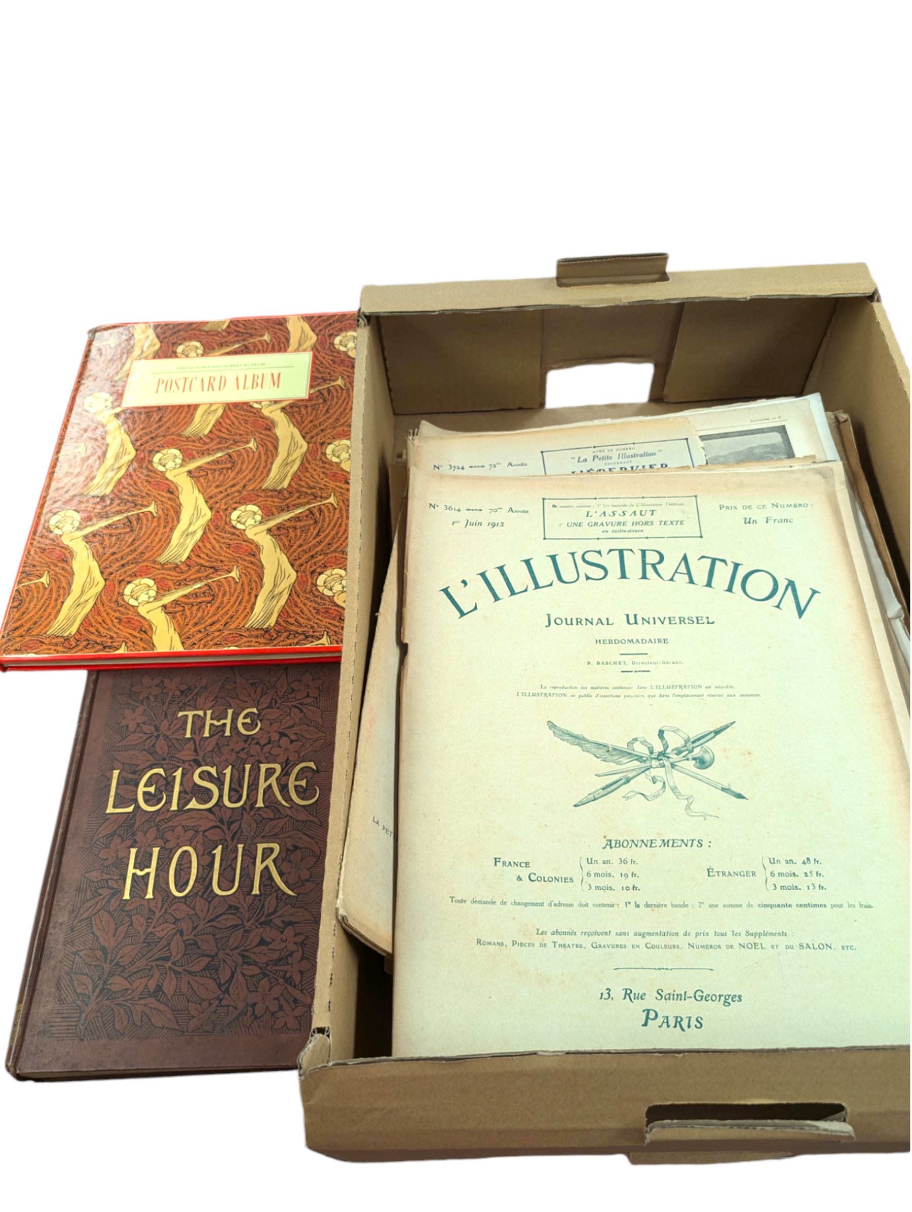 Collection of French L'Illustration Journal Universel magazines, a modern postcard album and The Leisure Hour