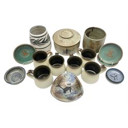 Collection of studio pottery, to include salt glaze vase with trailed decoration, impressed JH mark, possibly Joanna Still (nee Harrisson), set of six cups and vase by Diana Eden with impressed DE marks beneath, etc