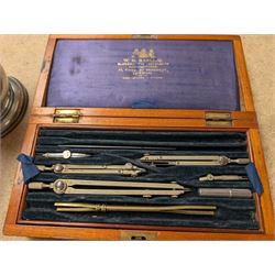 Reproduction miniature copper diving helmet, silver plated hip flask, early 20th century writing set by W.H. Harling, powder flask, two pewter tankards, etc