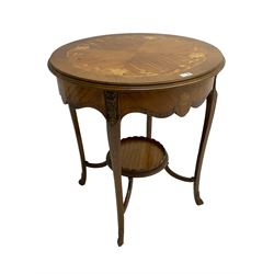 French style inlaid walnut and Kingwood centre table, segmented veneers to circular moulded top inlaid with trailing foliate, on tapering supports joined by circular undertier with gallery
