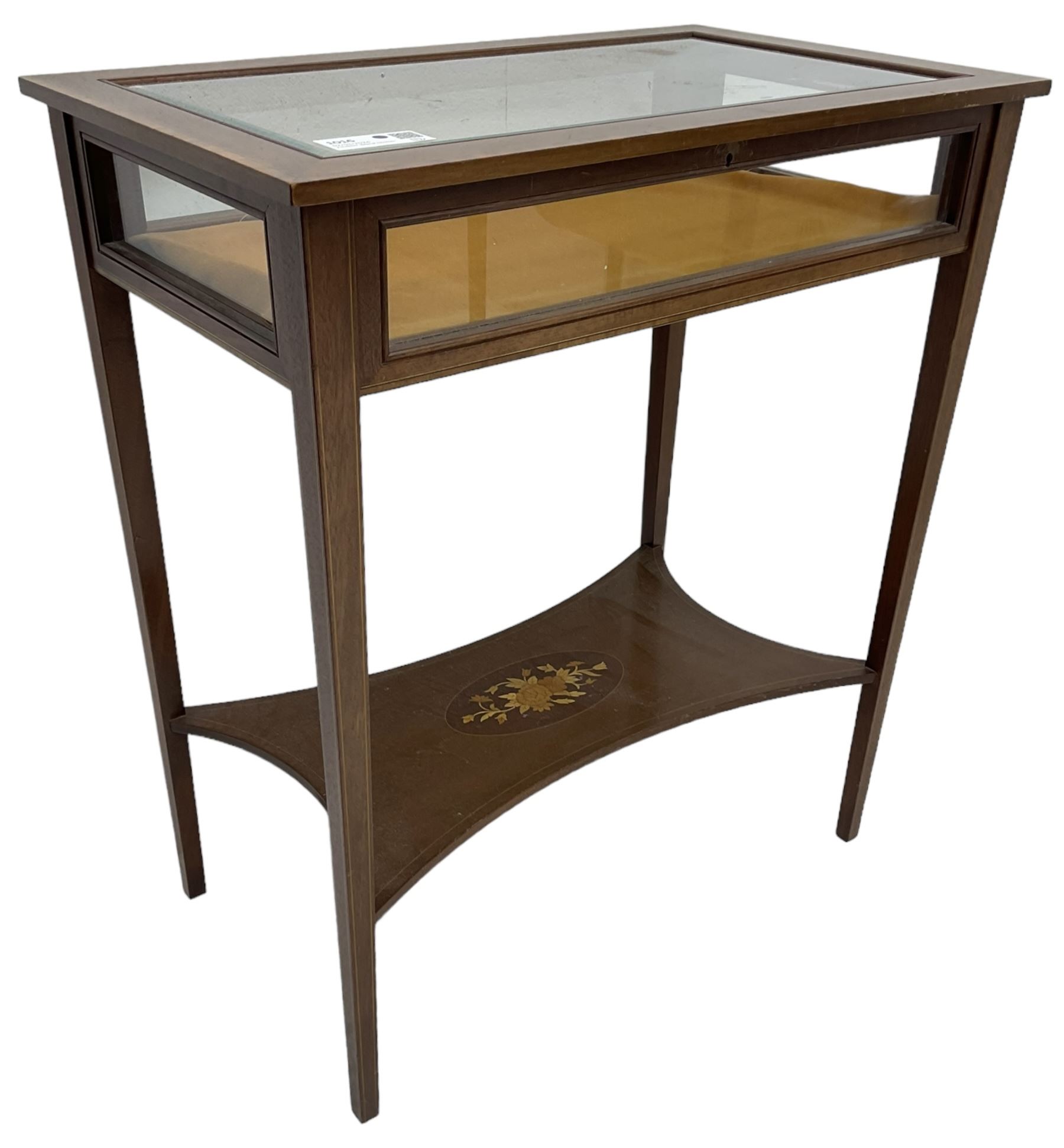 Edwardian Revival inlaid mahogany bijouterie display table, hinged bevel glazed lid within mahogany frame with satinwood band, on square tapering supports united by undertier inlaid with flowers 