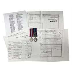 George VI General Service Medal with two clasps for Palestine 1945-48 and Cyprus and MID oak leaf awarded to 14887162 Sjt. C.F.A. Lloyd R.A.M.C. together with WW2 War Medal 1939-1945; both with ribbons; and quantity of photocopied research material including Army Records and London Gazette