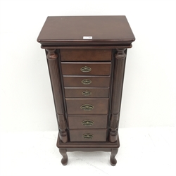 Narrow mahogany pedestal chest, six graduating drawers flanked by two reeded columns on cabriole feet, W43cm, H101cm, D30cm