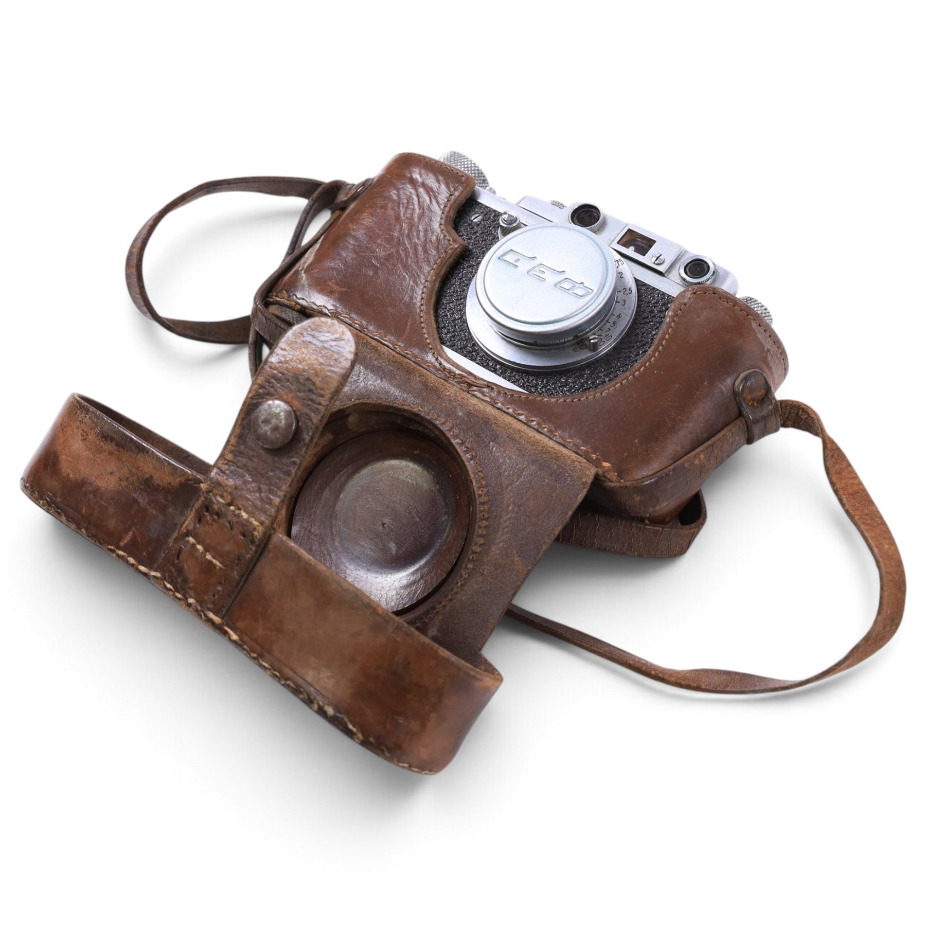1940s Russian FED 1d NKVD 35mm rangefinder camera, serial no. 168349, with collapsible FED F=50 1:35 lens, in brown leather case, together with an Ica Icarette camera