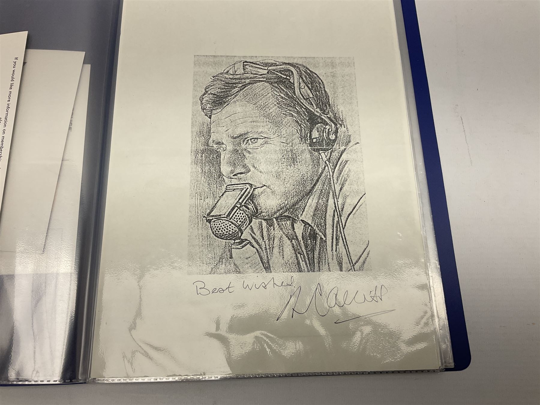 Two folders of over fifty photographs, cards, compliment slips etc of actors, actresses, celebrities, politicians, sports personalities etc, all bearing signatures, including David Frost, Lloyd Grosman, John Suchet, Julia Somerville and othe GMTV presenters, Carol Vorderman, Jackie Collins, Rolf Harris, Timothy Dalton, Pete Postlethwaite, Magnus magnusson, John Major, Kate Moss, Uri Geller, David Beckham, Peter Alliss, Sharon Davies, Kevin Keegan etc