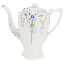 Shelley Art Deco Queen Anne shaped coffee service in the blue iris pattern comprising coffee pot, cream jug, sugar bowl, six cups, six saucers
