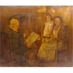 English School (Late 19th century): Father Reading the News to his Family, oil on canvas indistinctly signed 64cm x 77cm (unframed)