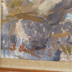 John Gilbey Bowles (British 1929-2011): 'The Challenge' - Fox and Hunter, oil on canvas signed, titled on artist's label verso 95cm x 95cm