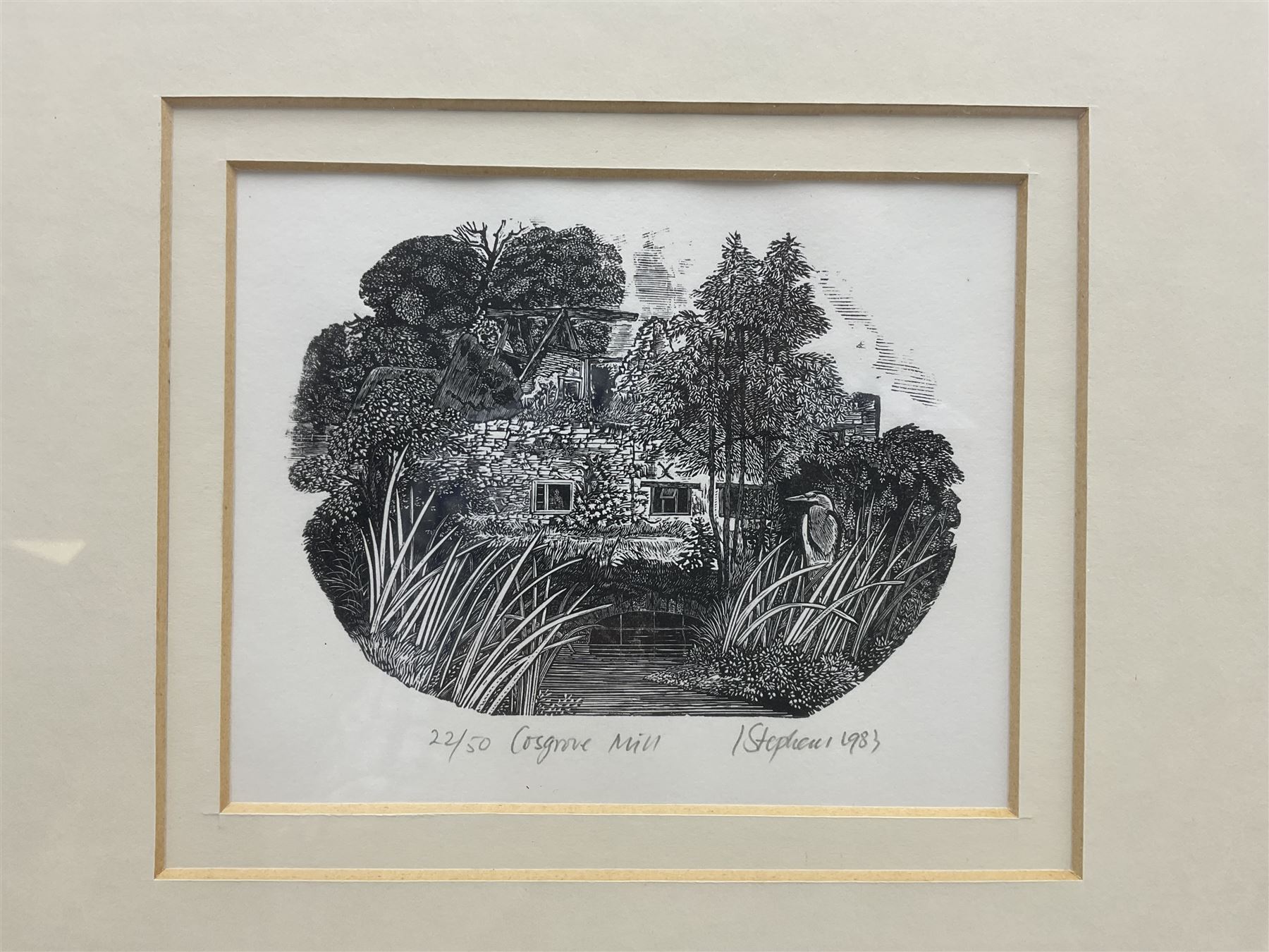 Ian Stephens RE (British 1940-): 'Cosgrove Mill' and 'Cottesbrooke', pair wood engravings signed and titled, dated 1983 and 1984 and numbered 22/50 and 26/50, respectively, 10cm x 13cm; Elaine Marshall (British Contemporary): 'Trinity Garden, Greenwich Riverwalk 1', coloured etching with aquatint signed titled and numbered 26/100 in pencil 23cm x 16cm (3)
