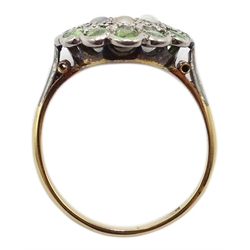  Peridot and seed pearl daisy set gold ring, stamped 18ct  