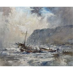 Robert Leslie Howey (British 1900-1981): Launching Cobles at Staithes, mixed media signed 37cm x 45cm