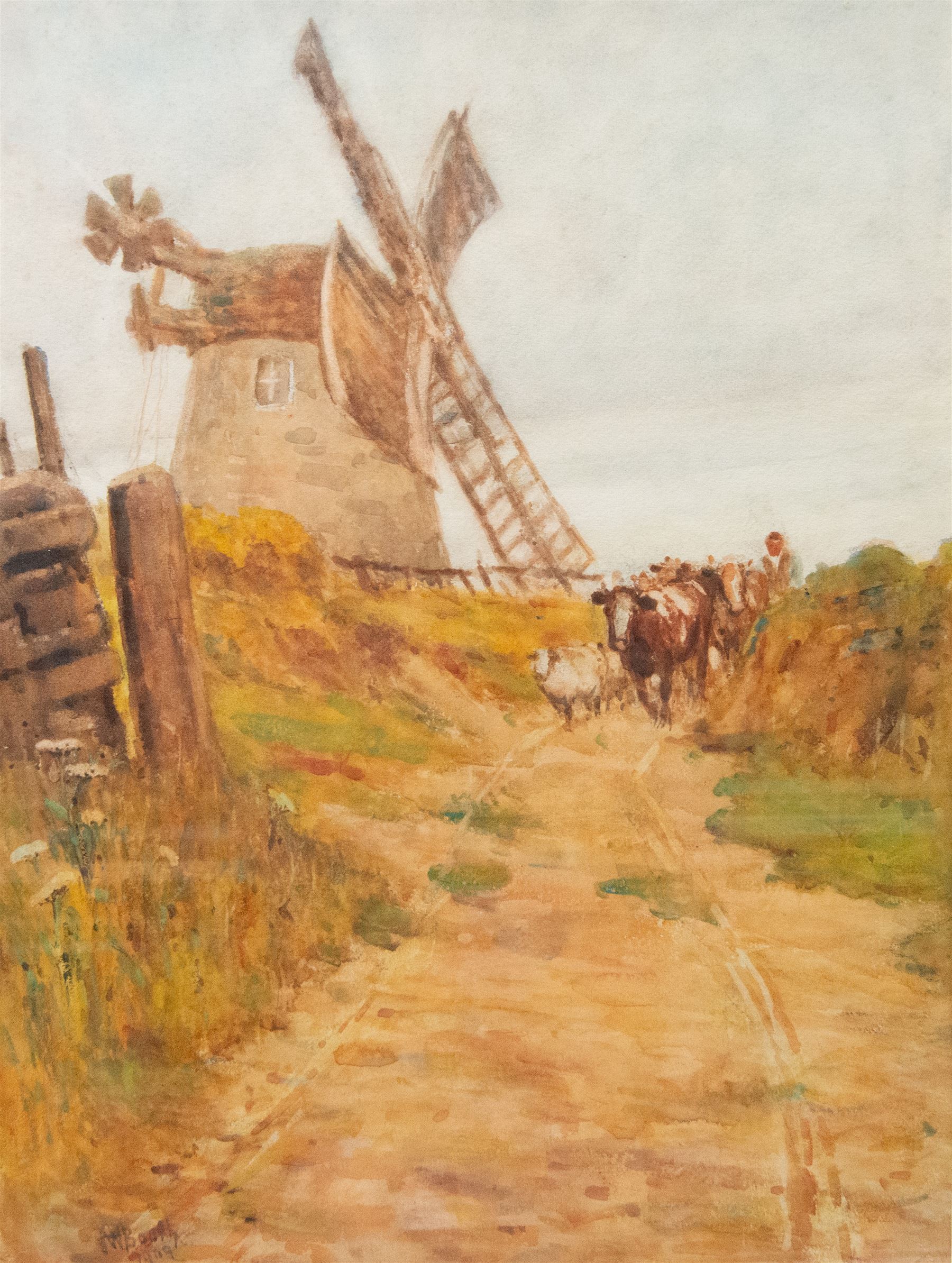 James William Booth (Staithes Group 1867-1953): Driving Cattle past Ugthorpe Mill, watercolour signed and dated 1909, 59cm x 45cm