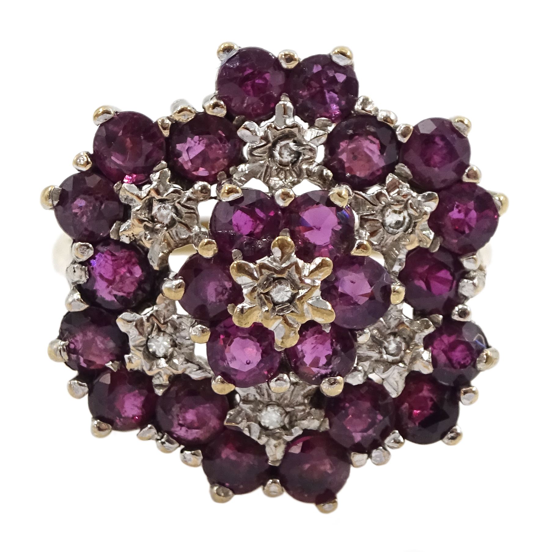 9ct ruby and diamond  flower cluster ring, Birmingham 1980