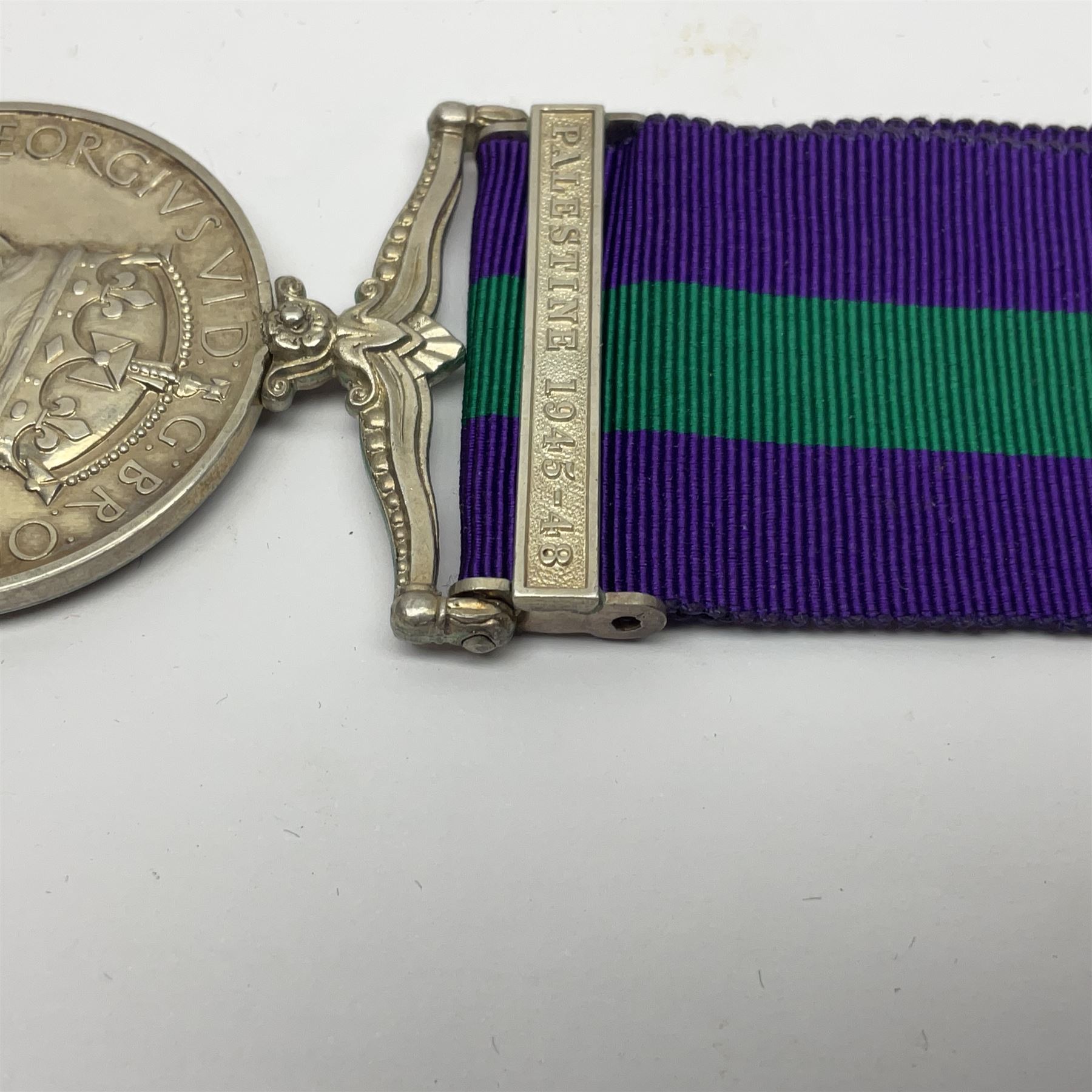 George VI General Service Medal with Palestine 1945-48 clasp awarded to 19150916 Gnr. G. Stewart R.A.; with ribbon