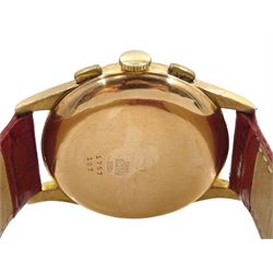 Orator gentleman's 18ct gold manual wind chronograph wristwatch, bronze dial with two registers recording minutes and continuous seconds, with Helvetia head hallmark, on red/tan leather strap