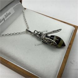Silver Baltic amber honey bee pendant, stamped 925, boxed