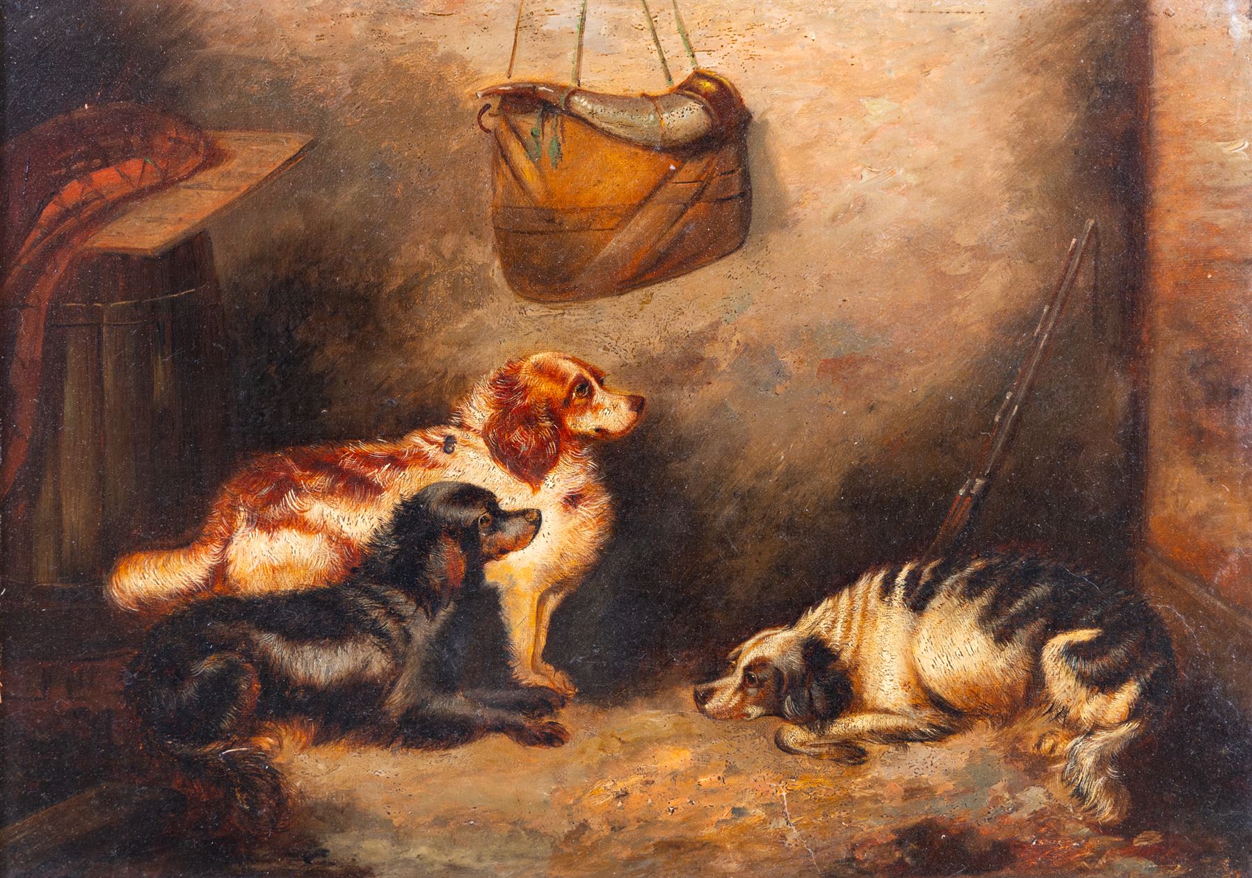 George Armfield (British 1808-1893): Three Sporting Dogs in an Interior, oil on canvas signed 24cm x 34.5cm 