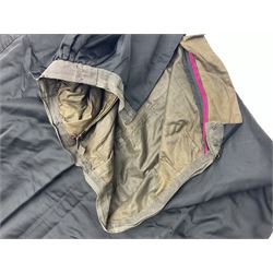 Victorian three piece mourning dress, with lace trim and jet beading, including velvet coat with satin collar panels and cuffs, the nipped waist with boning and slight flared peplum, heavily embellished beaded high neck collar, and ladies embroidered silk lined purse with gilt handle, mount and clasp