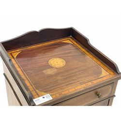 Edwardian mahogany inlaid bedside cabinet, inlaid top with gallery above, single drawer with button handles and single shelf cupboard, on scroll carved bracket feet