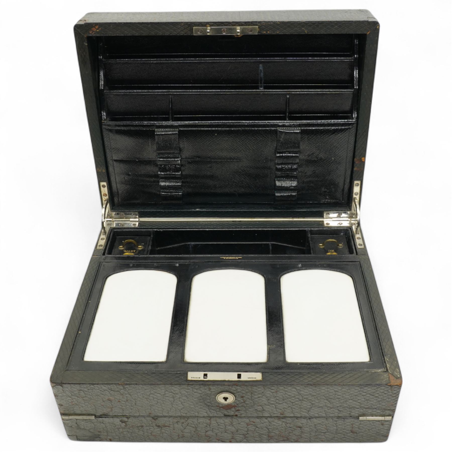 Early 20th century travelling writing box, by James Hurry of London, the leather exterior with Braman lock, the white metal cartouche engraved with FE monogram, opening to reveal compartmental interior, with 'Ink' and 'Light' boxes, and further to reveal writing slope, H18cm x W35cm x 27cm 