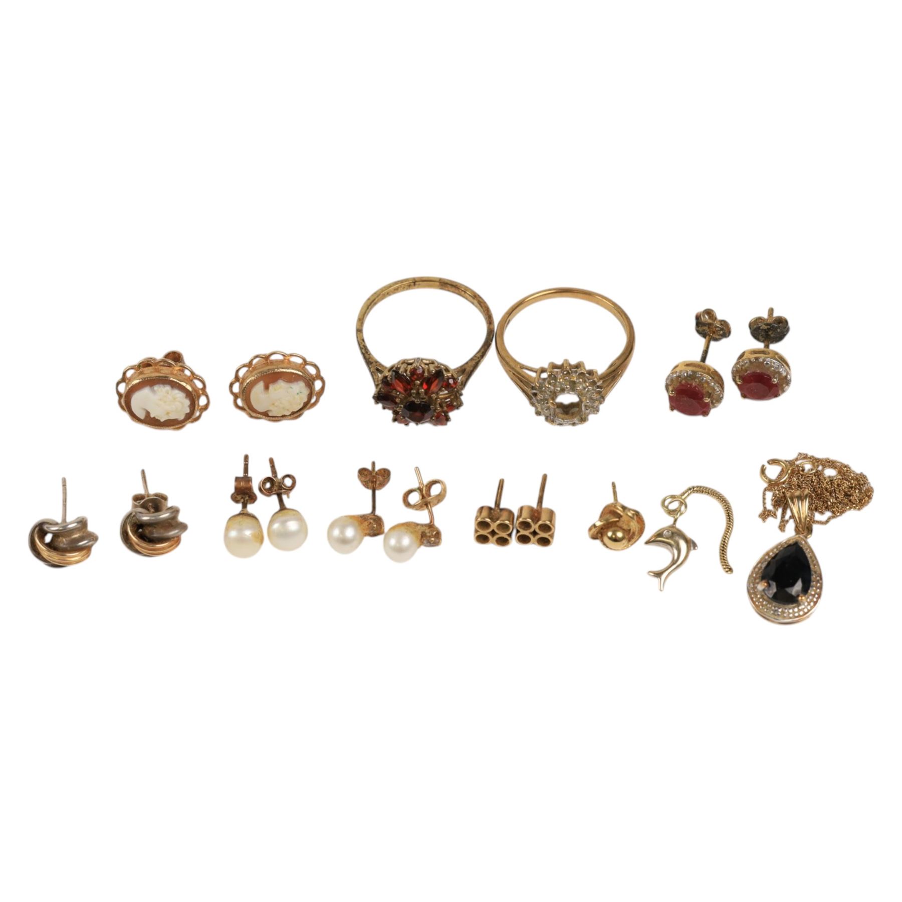 9ct gold stone set jewellery, including pendant necklace, ring and a collection of stud earrings, including some single studs and an 8ct gold ring