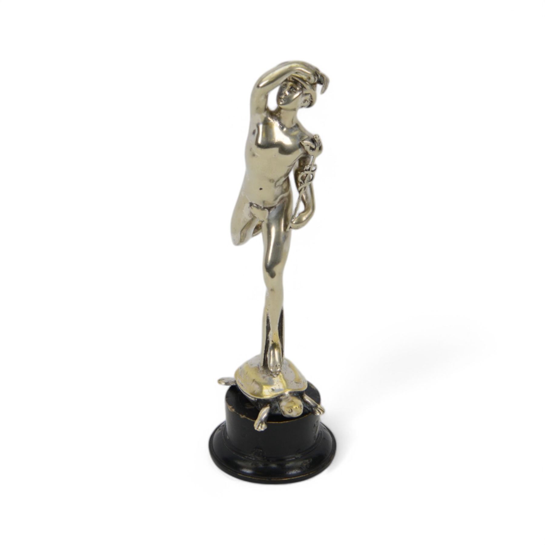 Mercury chrome car mascot upon a stepped circular base, H25cm 