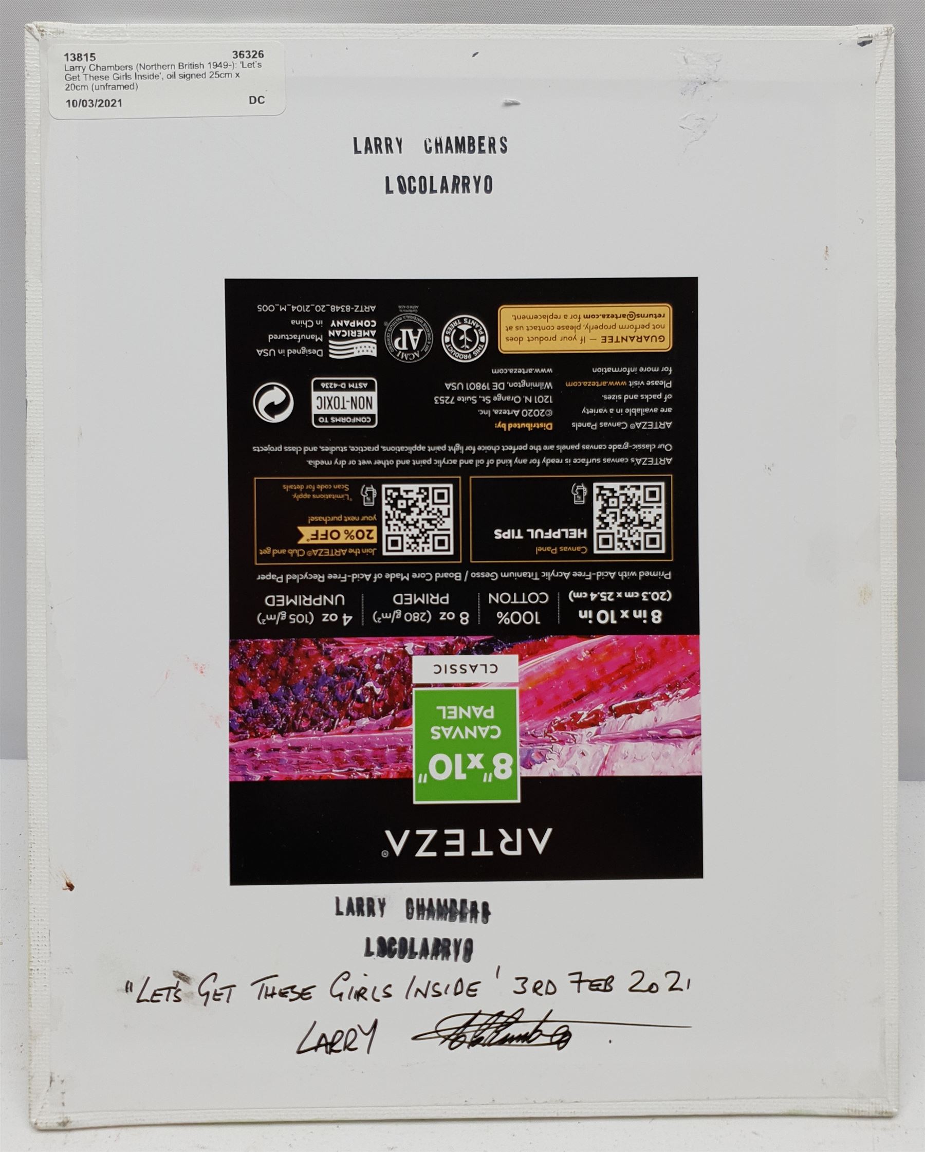 Larry Chambers (Northern British 1949-): 'Let’s Get These Girls Inside', oil on board signed, titled verso 25cm x 20cm (unframed)