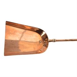 19th century copper companion set and fire dogs, dogs H40cm