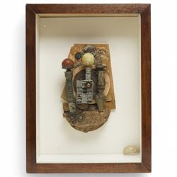 Andrew Coates (British 1939-): 'The Guardians', assemblage in wood, found objects and with three marble eggs, titled and dated 1999 verso, in case, overall 50cm x 37cm