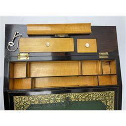 Late 19th century rosewood writing slope, the hinged cover with inlaid mother of pearl foliate decoration opening to reveal a gilt tooled green leather slope, and compartmented section with twin inkwells and pen tray, H10cm W35.5cm D25cm