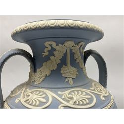 20th century Wedgwood Jasperware Procession of the Deities twin handled vase from the Genius Collection, impressed and printed mark, limited edition 4/100, H35cm