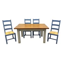 Fired Earth - contemporary kitchen table, rectangular oak parquetry top over four cream painted chamfered square section supports; together with set of four ladderback chairs, each with woven rush seat and lavender-grey painted finish