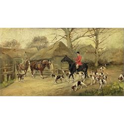 Attrib. George Wright (British 1860-1942): Huntsman and Hounds at the Farm Entrance, oil on board unsigned 23cm x 41cm