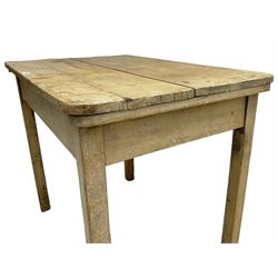 19th century rustic stripped pine side table, two plank rectangular top over square supports