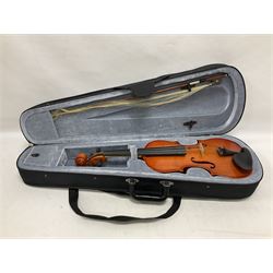 Two contemporary 3/4 violins including a Stentor student with a maple back and ribs and spruce top, both with cases and bows Length 60cm