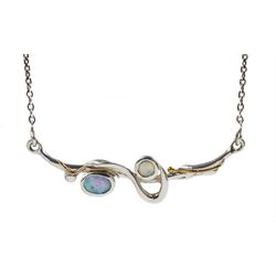 Silver and 14ct gold wire opal necklace, stamped 925
