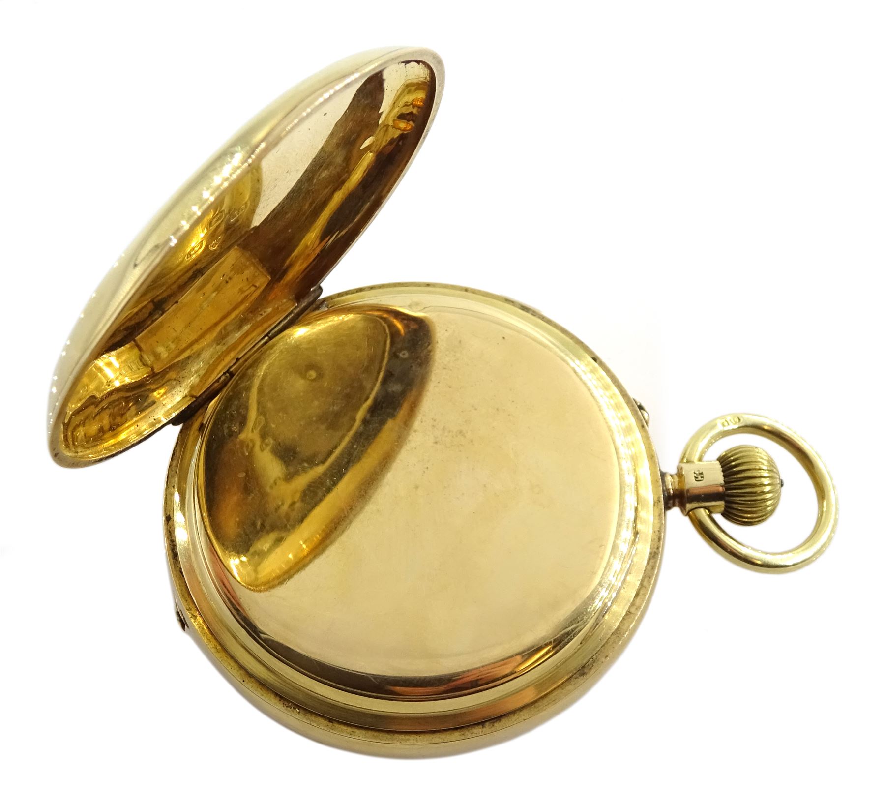 Edwardian 18ct gold full hunter, keyless chronograph pocket watch by Talbot & Son, London, No. 17889, the movement inscribed 'Talbot & Son Chronometer Makers', white enamel dial with Roman numerals, case makers mark B B, Chester 1904