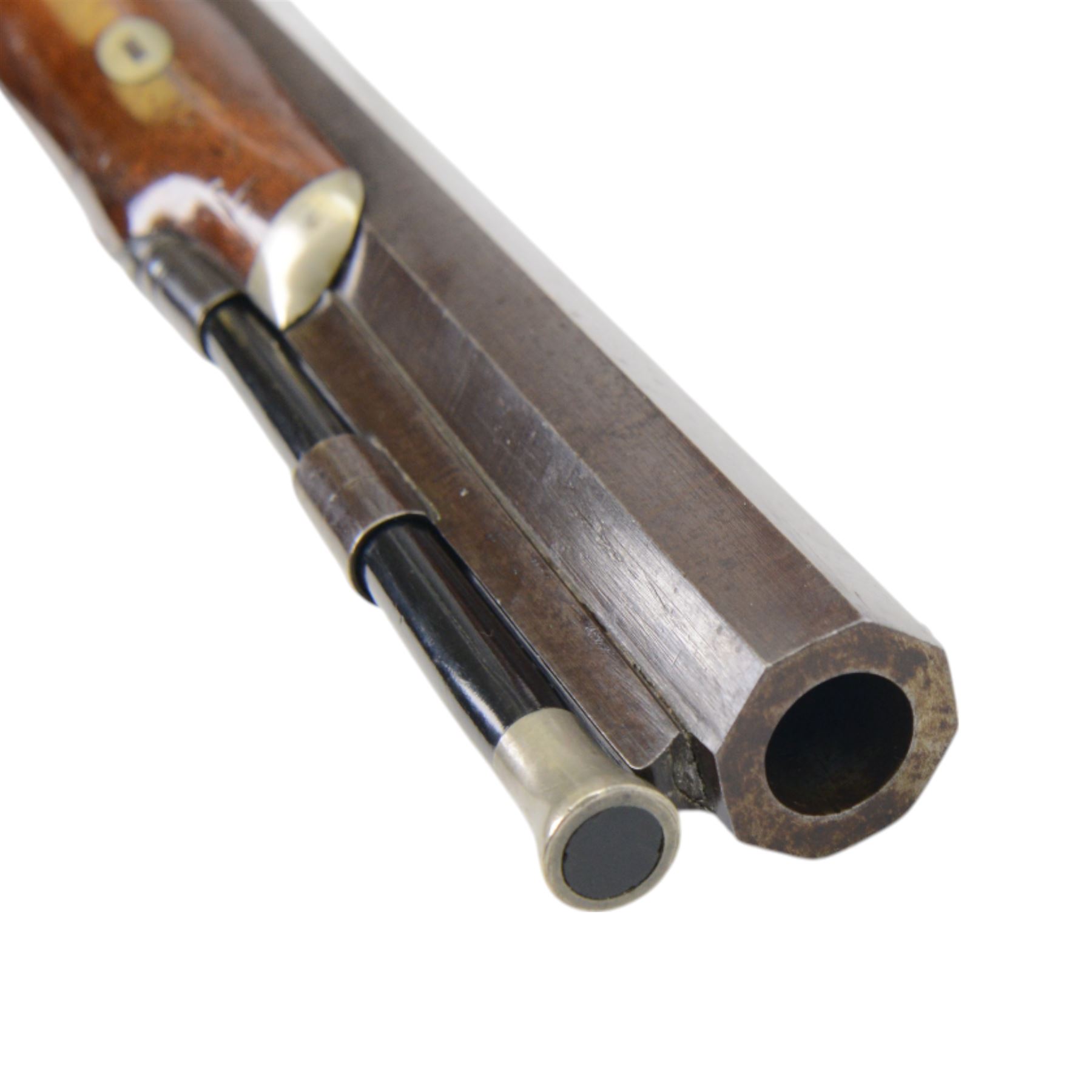 Pair of 19th century officer's duelling pistols, by William Chance & Son, with 25 bore sighted octagonal brown barrels, engraved London to the top, with gilt and platinum lines, foliate engraved tang, the back action lock plate signed and engraved with foliage, the walnut half stock, the trigger guard engraved with foliate and pineapple design, with ebony ramrods, in a brown velvet lined mahogany case, fitted with accessories including a copper pistol flask, a steel bullet mould, a tin of caps, lead balls, a cleaning rod with brass screw top