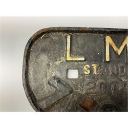 Three cast iron railway wagon plates of D shaped form to include Southern Railway, LMS and GWR, L27.5cm