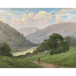 Owen Bowen (Staithes Group 1873-1967): Shepherdess and Sheep in the Wharfe Valley, oil on board signed and indistinctly dated 1921?, 38cm x 48cm