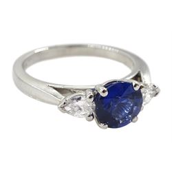 Platinum round Ceylon sapphire and pear shaped diamond three stone ring, hallmarked, sapphire approx 1.50 carat