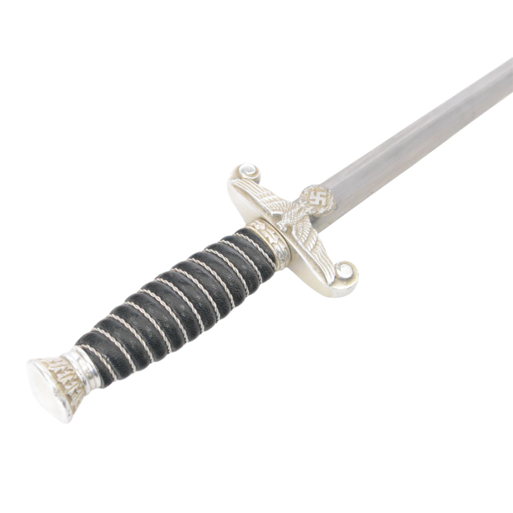 WWII German Third Reich Land Customs Officers dagger, the L30cm double edged blade stamped to the ricasso  Eickhorn Solingen, wire bound leather grip with laurel pommel, eagle and swastika crossguard, in leather scabbard with white metal mounts, overall L41cm