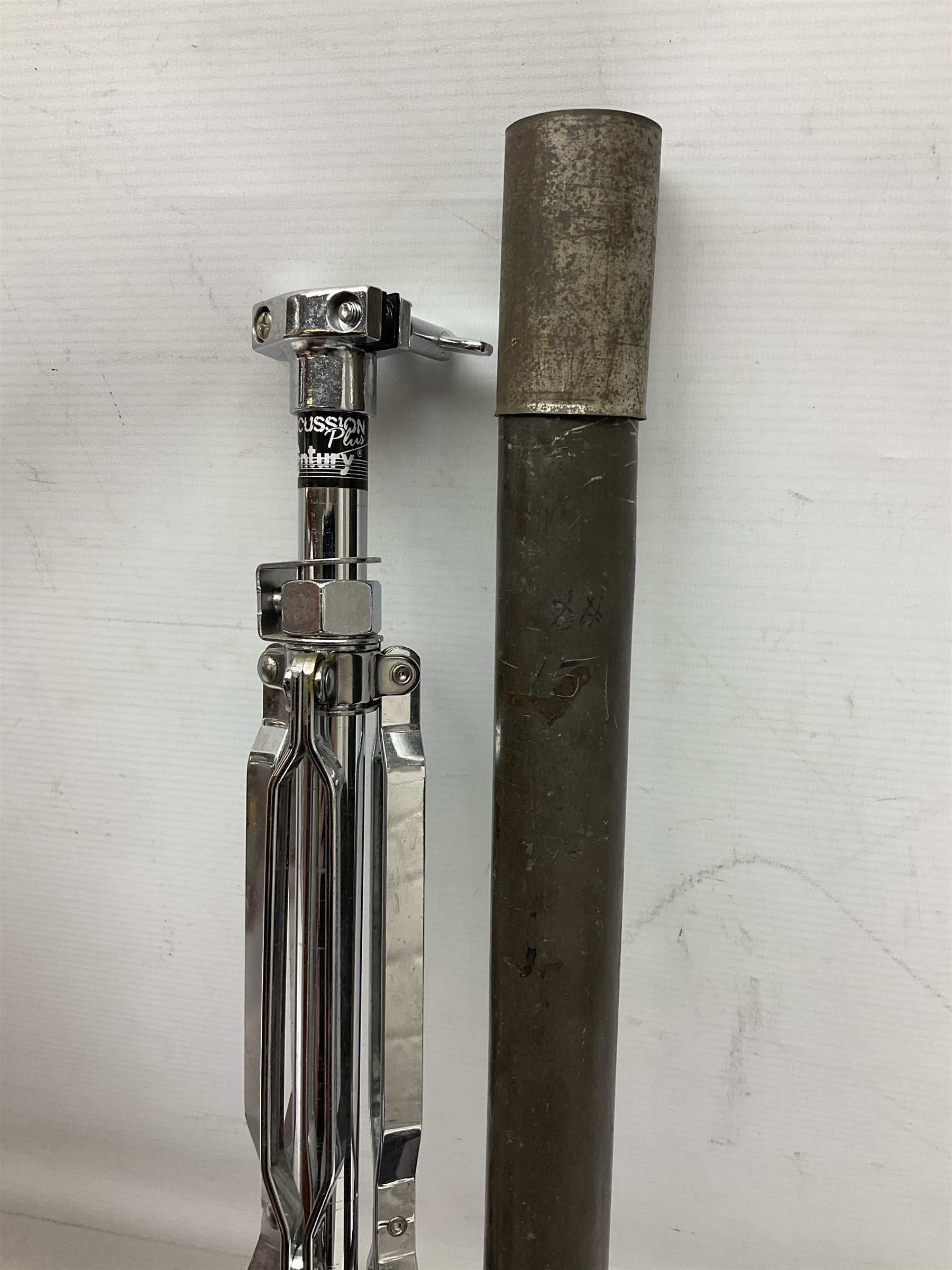 Spanish BM acoustic guitar with mahogany back and sides and spruce top L101cm; in cello carrying case; Roland foot pedal and two Yamaha foot pedals; tin D# organ pipe; folding music stand etc