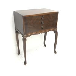 20th century canteen in mahogany cabinet, three drawers,   on angular cabriole supports, W60cm, H79cm, D36cm
