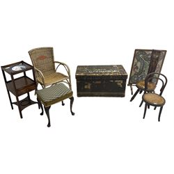 Late 19th to early 20th century pine trunk W91cm pokerwork spinning stool fire screen 1970s wicker chair and childs bentwood chair, 20th century cabriole stool and a George III mahogany washstand