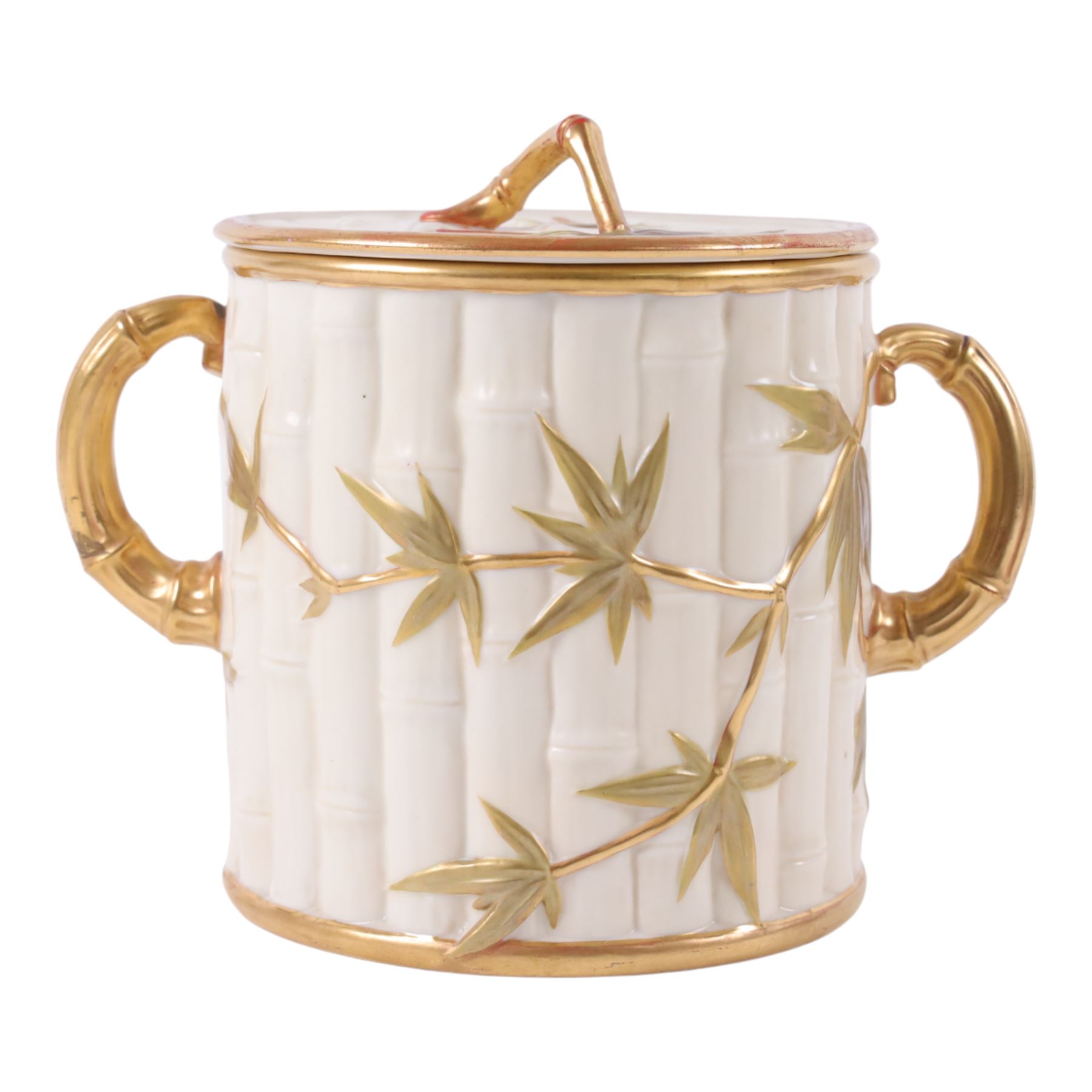 Royal Worcester Blush Ivory twin handled biscuit barrel and lid, in the form of bamboo with gilt highlights, H19cm 